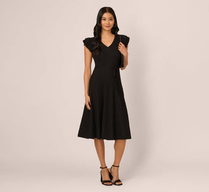 Flutter Sleeve Ribbed Cable Midi Dress In Black