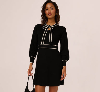 Long Sleeve Contrast Tipped Sweater Dress In Black Ivory