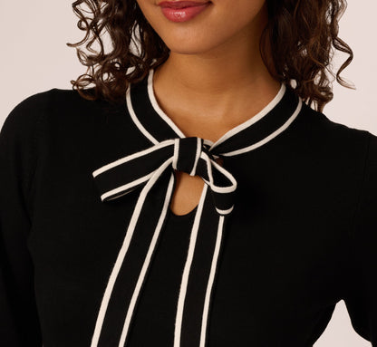 Long Sleeve Contrast Tipped Sweater Dress In Black Ivory