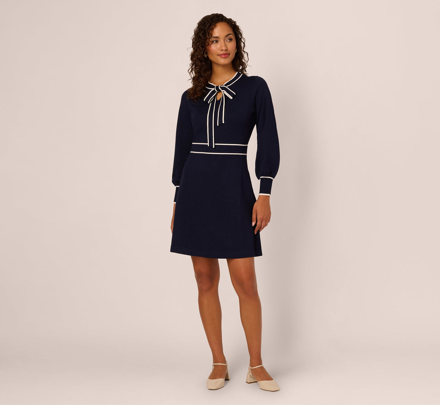 Long Sleeve Contrast Tipped Sweater Dress In Blue Moon Ivory