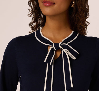 Long Sleeve Contrast Tipped Sweater Dress In Blue Moon Ivory