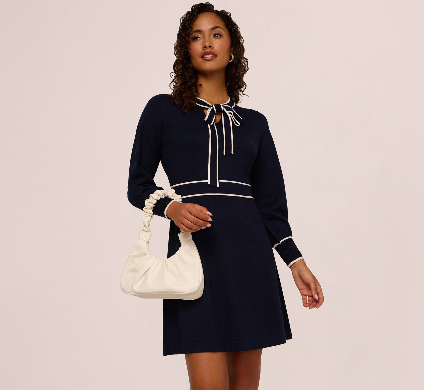 Long Sleeve Contrast Tipped Sweater Dress In Blue Moon Ivory