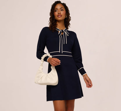 Long Sleeve Contrast Tipped Sweater Dress In Blue Moon Ivory