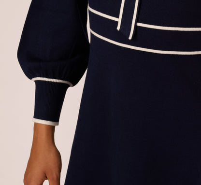 Long Sleeve Contrast Tipped Sweater Dress In Blue Moon Ivory