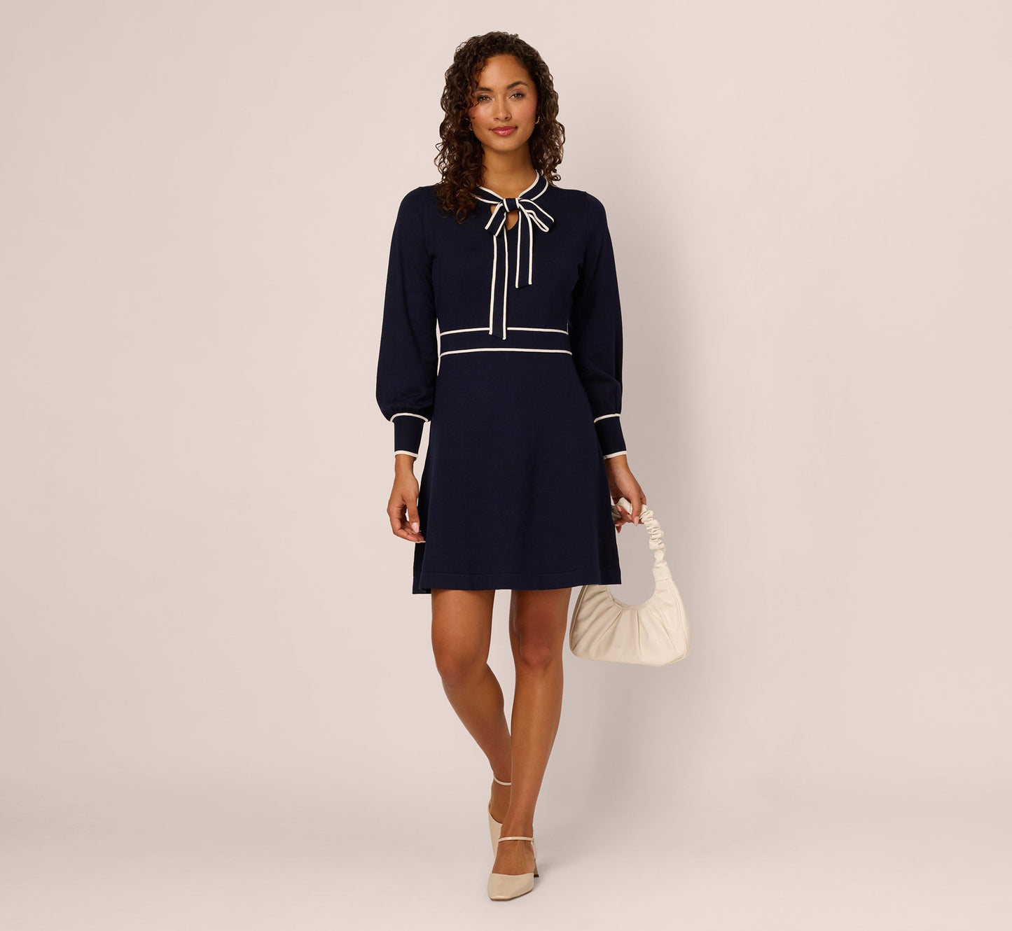 Long Sleeve Contrast Tipped Sweater Dress In Blue Moon Ivory