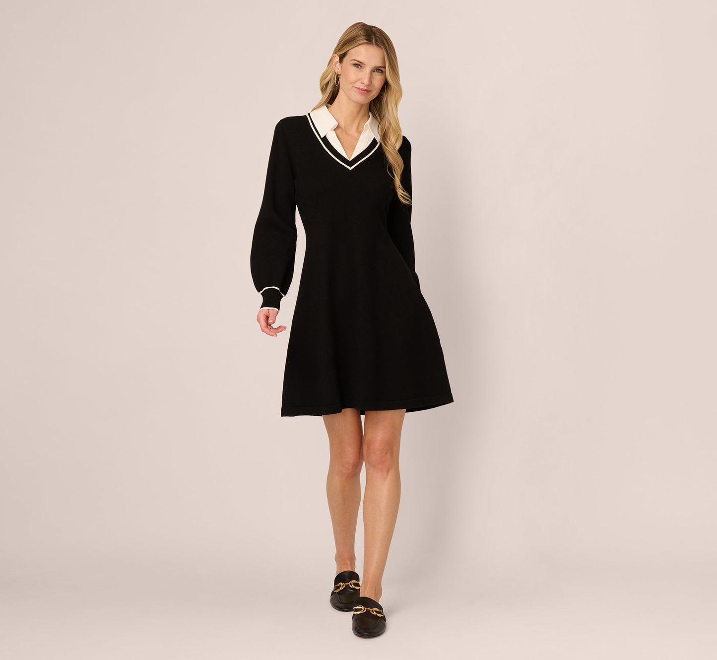 Long Sleeve Collared Twofer Sweater Dress In Black Ivory