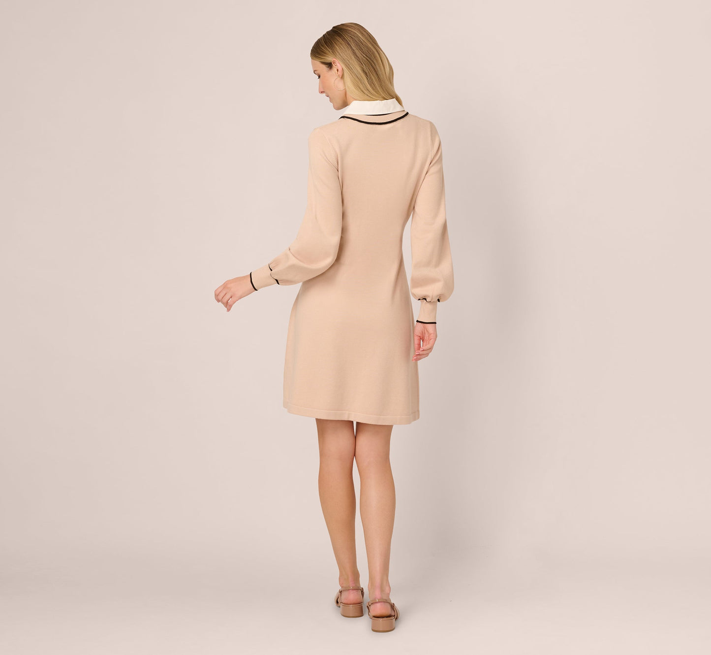 Long Sleeve Collared Twofer Sweater Dress In Champagne Blush Black