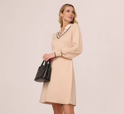Long Sleeve Collared Twofer Sweater Dress In Champagne Blush Black