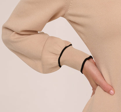 Long Sleeve Collared Twofer Sweater Dress In Champagne Blush Black