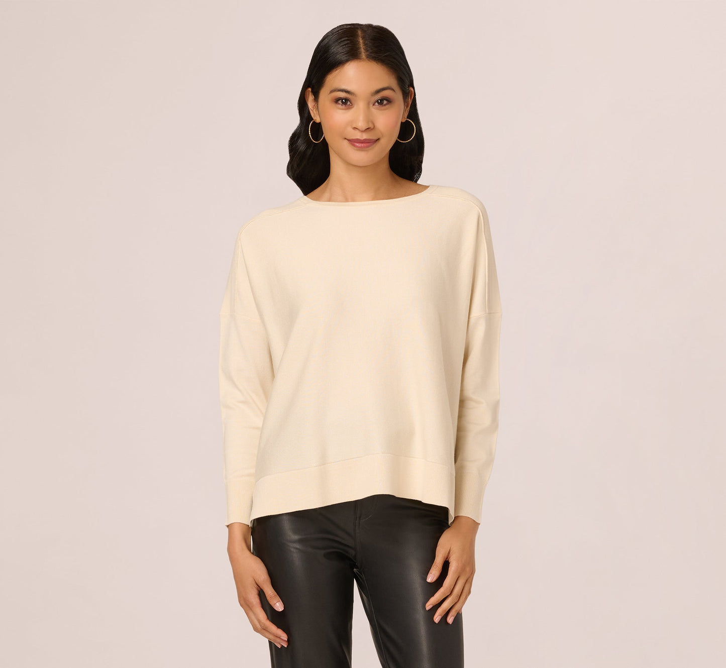 Long Sleeve Drop Shoulder Pullover Sweater Top In Cream