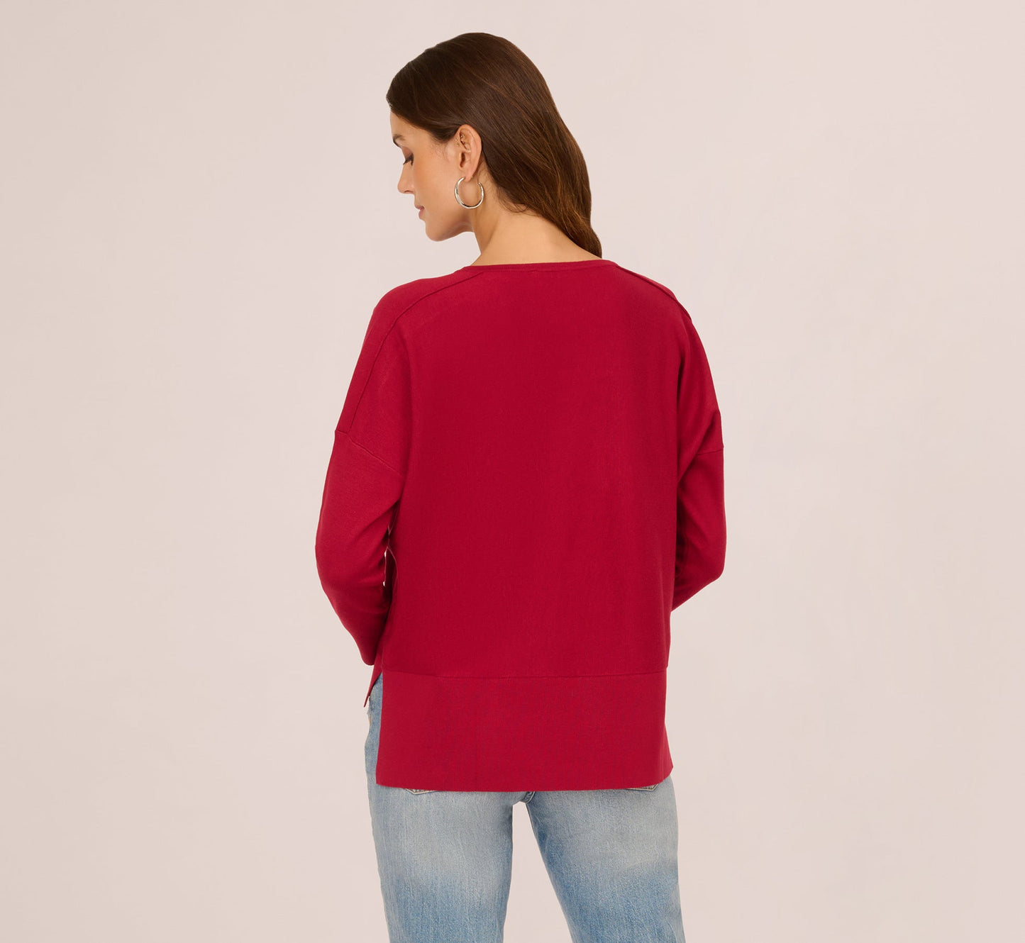 Long Sleeve Drop Shoulder Pullover Sweater Top In Cranberry