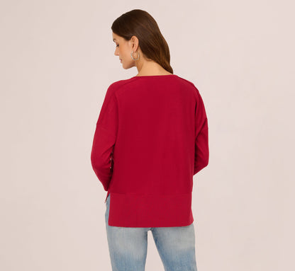 Long Sleeve Drop Shoulder Pullover Sweater Top In Cranberry
