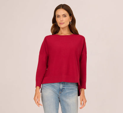 Long Sleeve Drop Shoulder Pullover Sweater Top In Cranberry