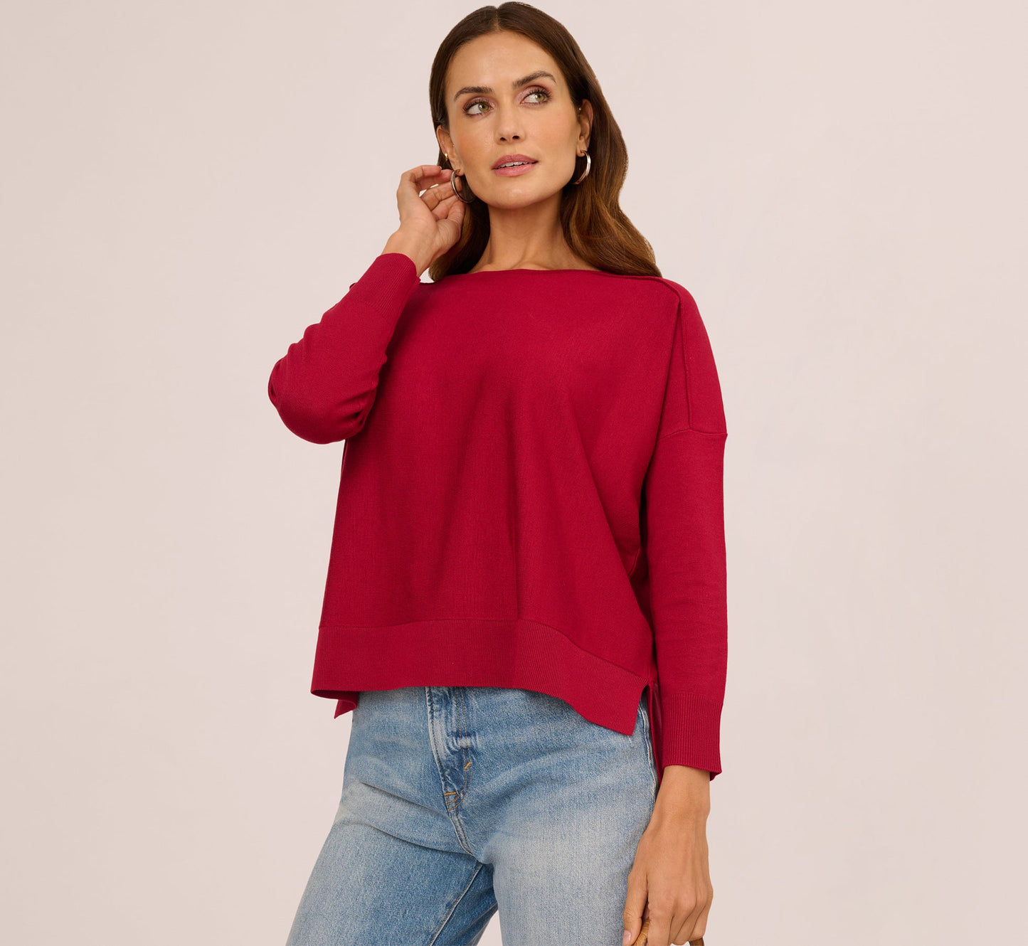 Long Sleeve Drop Shoulder Pullover Sweater Top In Cranberry