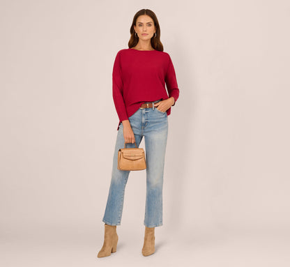 Long Sleeve Drop Shoulder Pullover Sweater Top In Cranberry