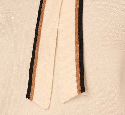 Short Sleeve Tie Neck Knit Top In Cream Black Camel