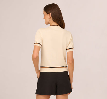Short Sleeve Tie Neck Knit Top In Cream Black Camel