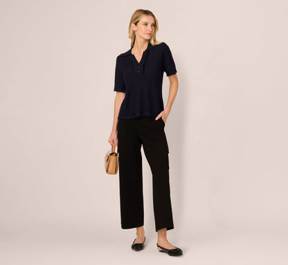 Short Sleeve Waffle Weave Polo Shirt In Navy