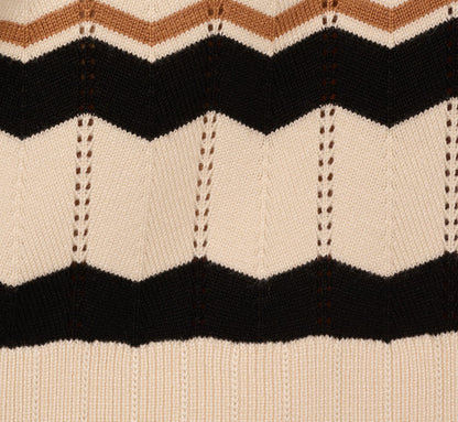 Short Sleeve Pointelle Stripe Sweater In Cream Black Camel