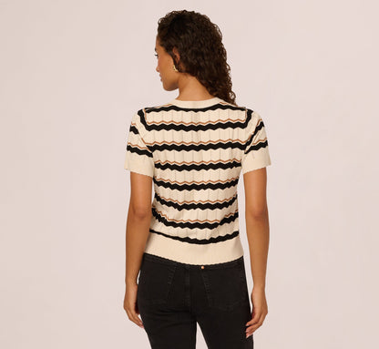 Short Sleeve Pointelle Stripe Sweater In Cream Black Camel
