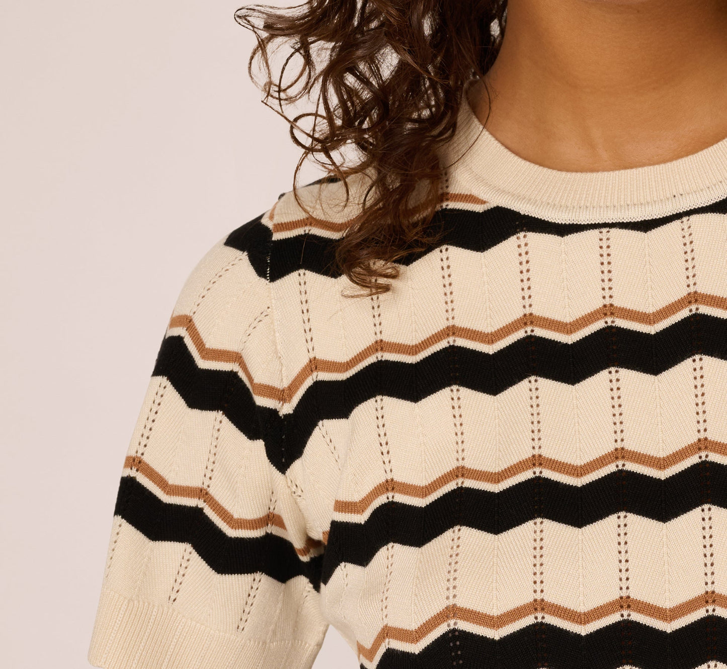 Short Sleeve Pointelle Stripe Sweater In Cream Black Camel