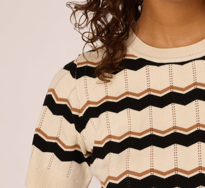 Short Sleeve Pointelle Stripe Sweater In Cream Black Camel