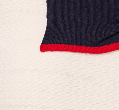 Long Sleeve Contrast Tipped Bow Sweater In Ivory Navy Red