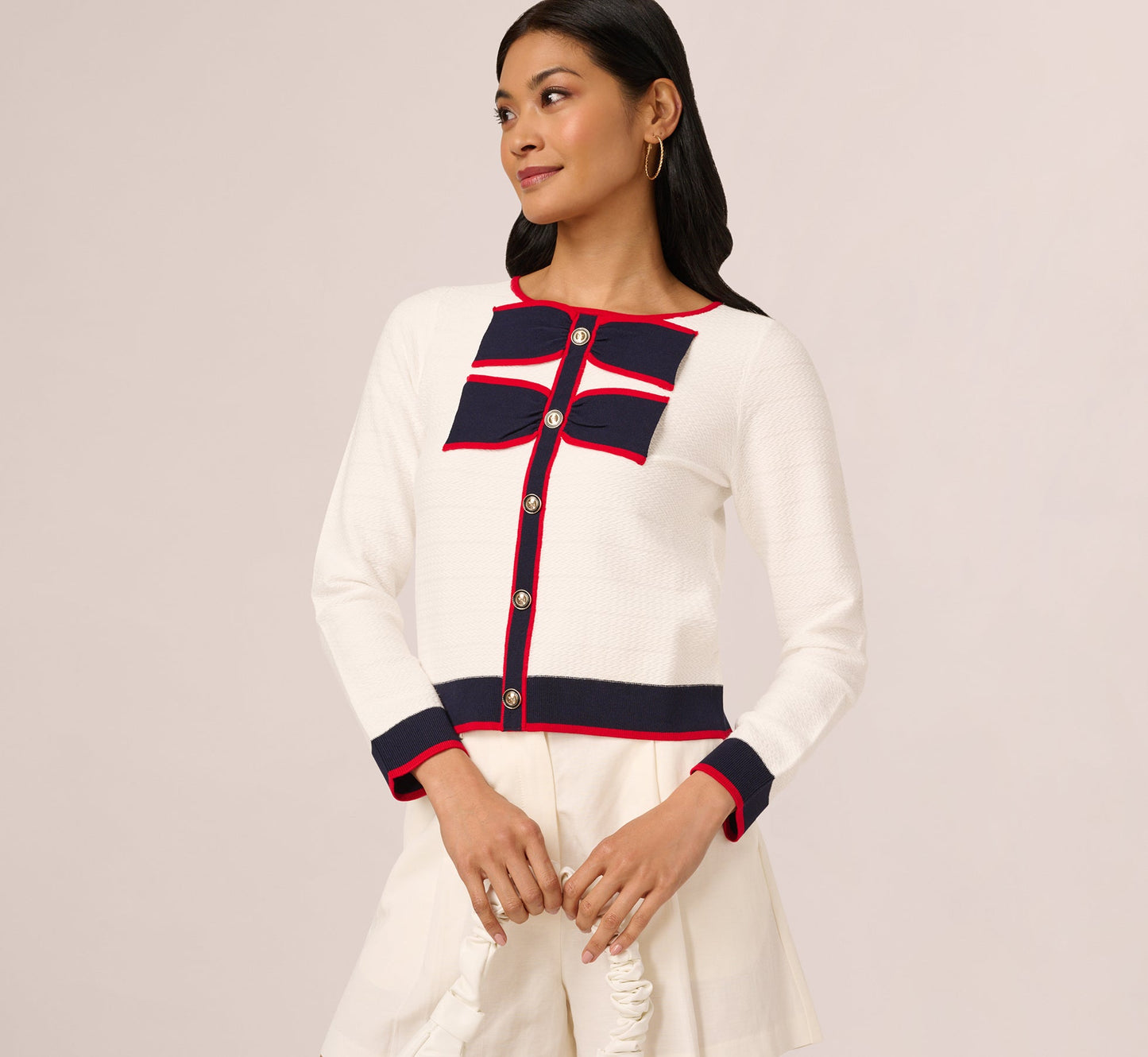 Long Sleeve Contrast Tipped Bow Sweater In Ivory Navy Red
