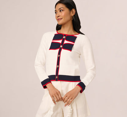 Long Sleeve Contrast Tipped Bow Sweater In Ivory Navy Red