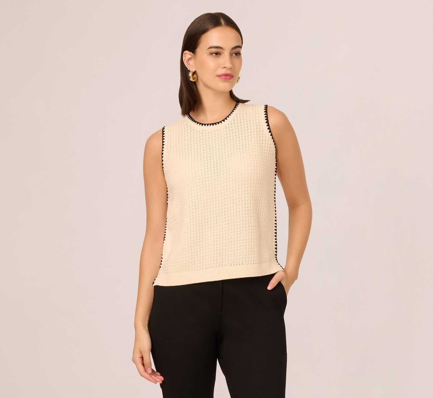 Sleeveless Open Knit Whipstitch Sweater Top In Cream Black