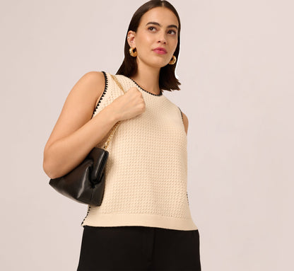 Sleeveless Open Knit Whipstitch Sweater Top In Cream Black
