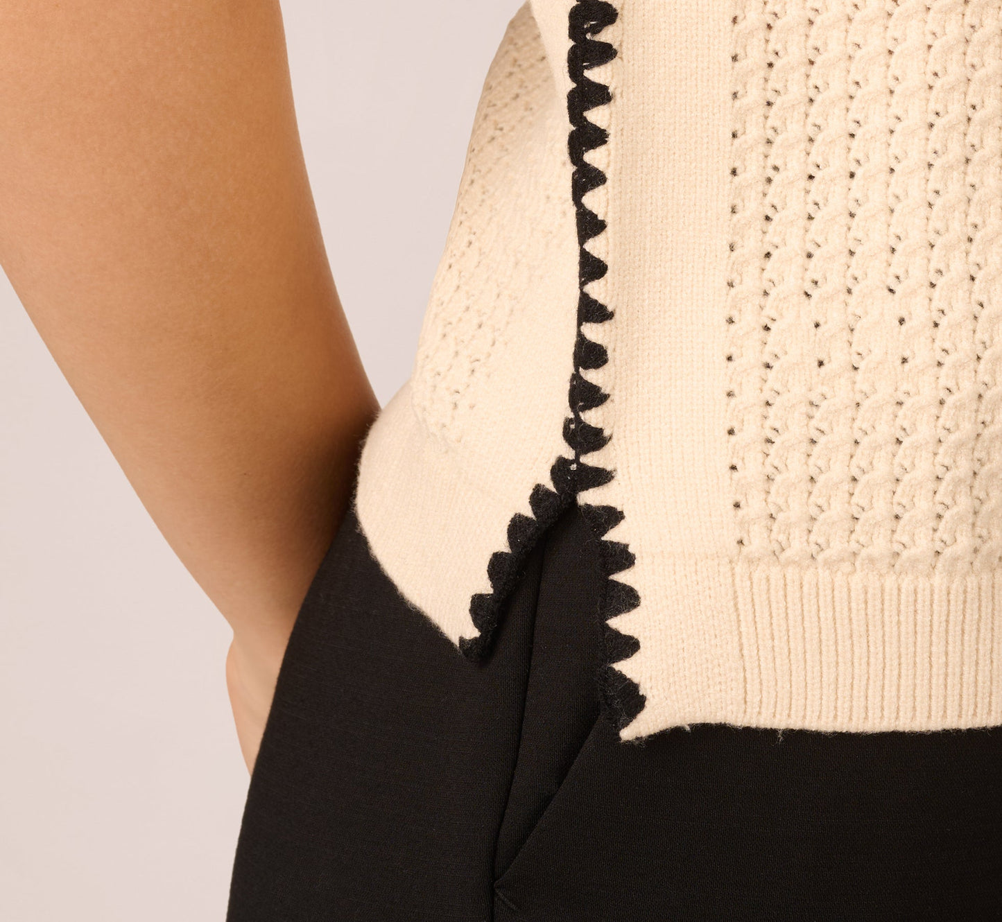 Sleeveless Open Knit Whipstitch Sweater Top In Cream Black