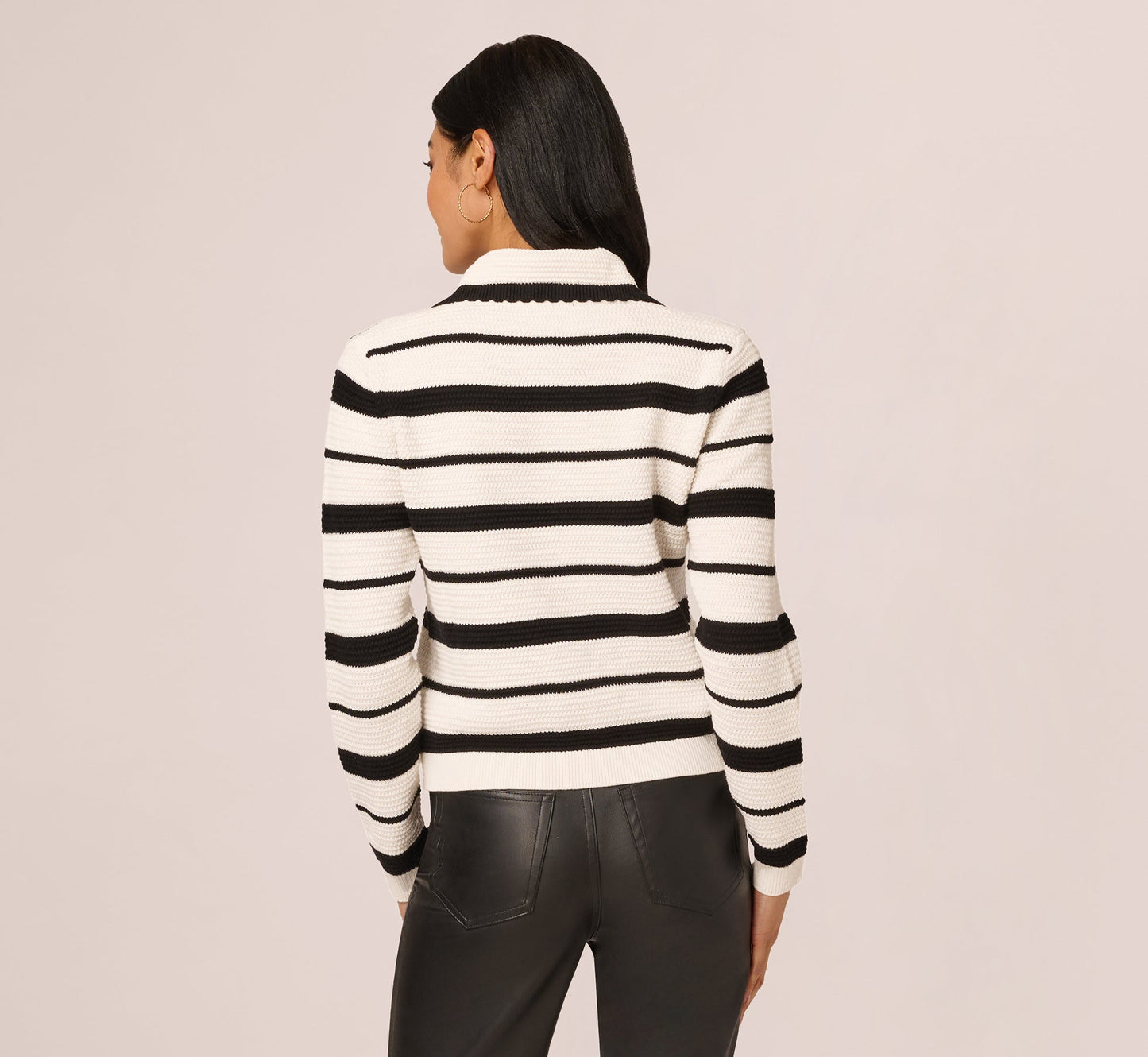 Long Sleeve Striped Polo Sweater Top In Ivory Black