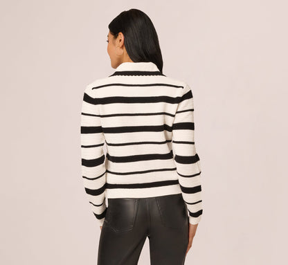 Long Sleeve Striped Polo Sweater Top In Ivory Black