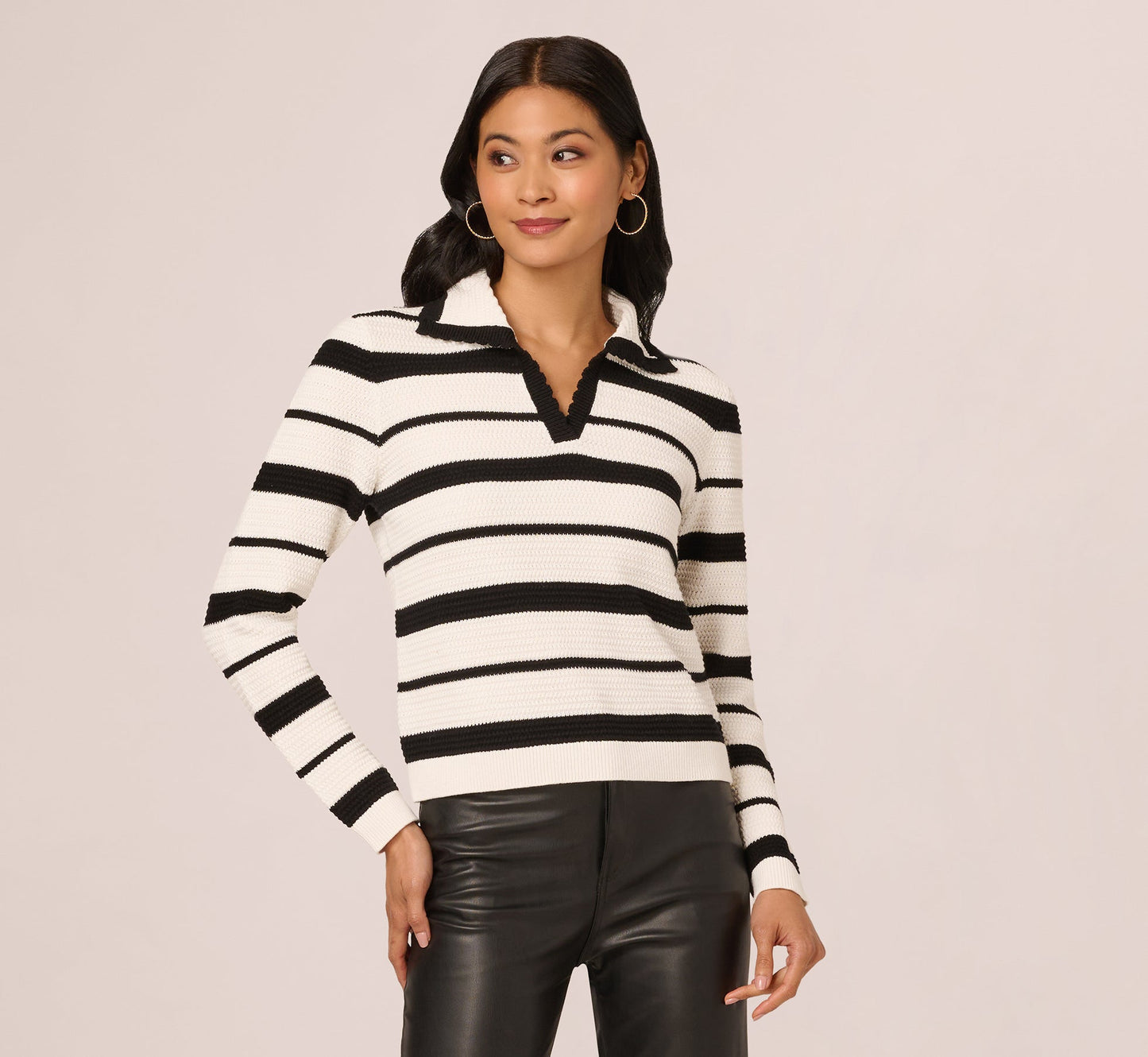 Long Sleeve Striped Polo Sweater Top In Ivory Black