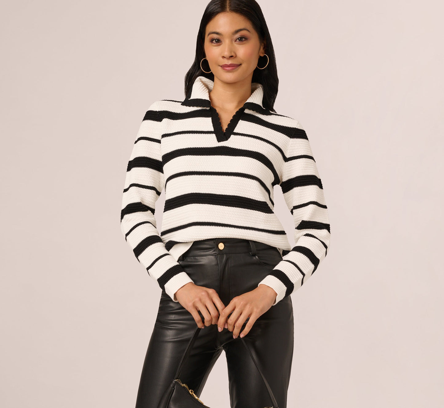 Long Sleeve Striped Polo Sweater Top In Ivory Black