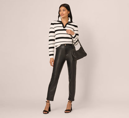 Long Sleeve Striped Polo Sweater Top In Ivory Black