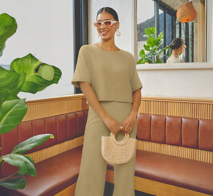 Short Sleeve Rib Knit Back Button Top In Dusty Sage Green