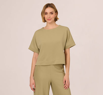 Short Sleeve Rib Knit Back Button Top In Dusty Sage Green