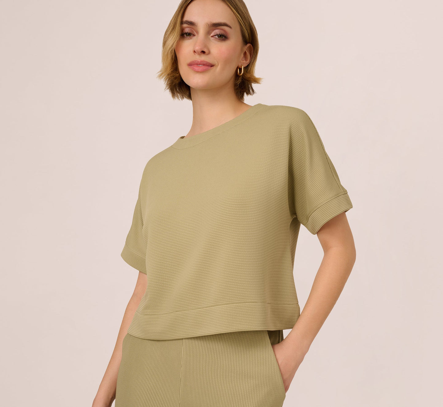 Short Sleeve Rib Knit Back Button Top In Dusty Sage Green