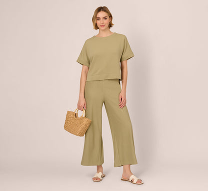 Short Sleeve Rib Knit Back Button Top In Dusty Sage Green