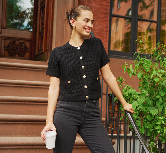 Short Sleeve Textured Cardigan Sweater In Black