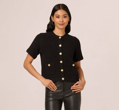 Short Sleeve Textured Cardigan Sweater In Black