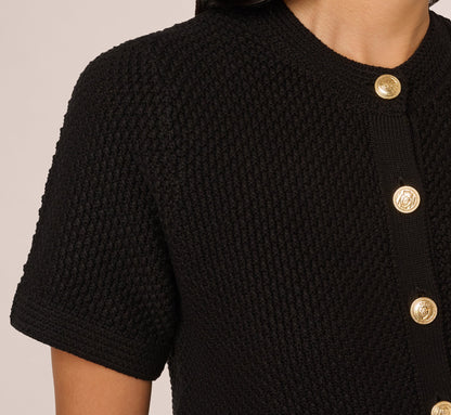 Short Sleeve Textured Cardigan Sweater In Black