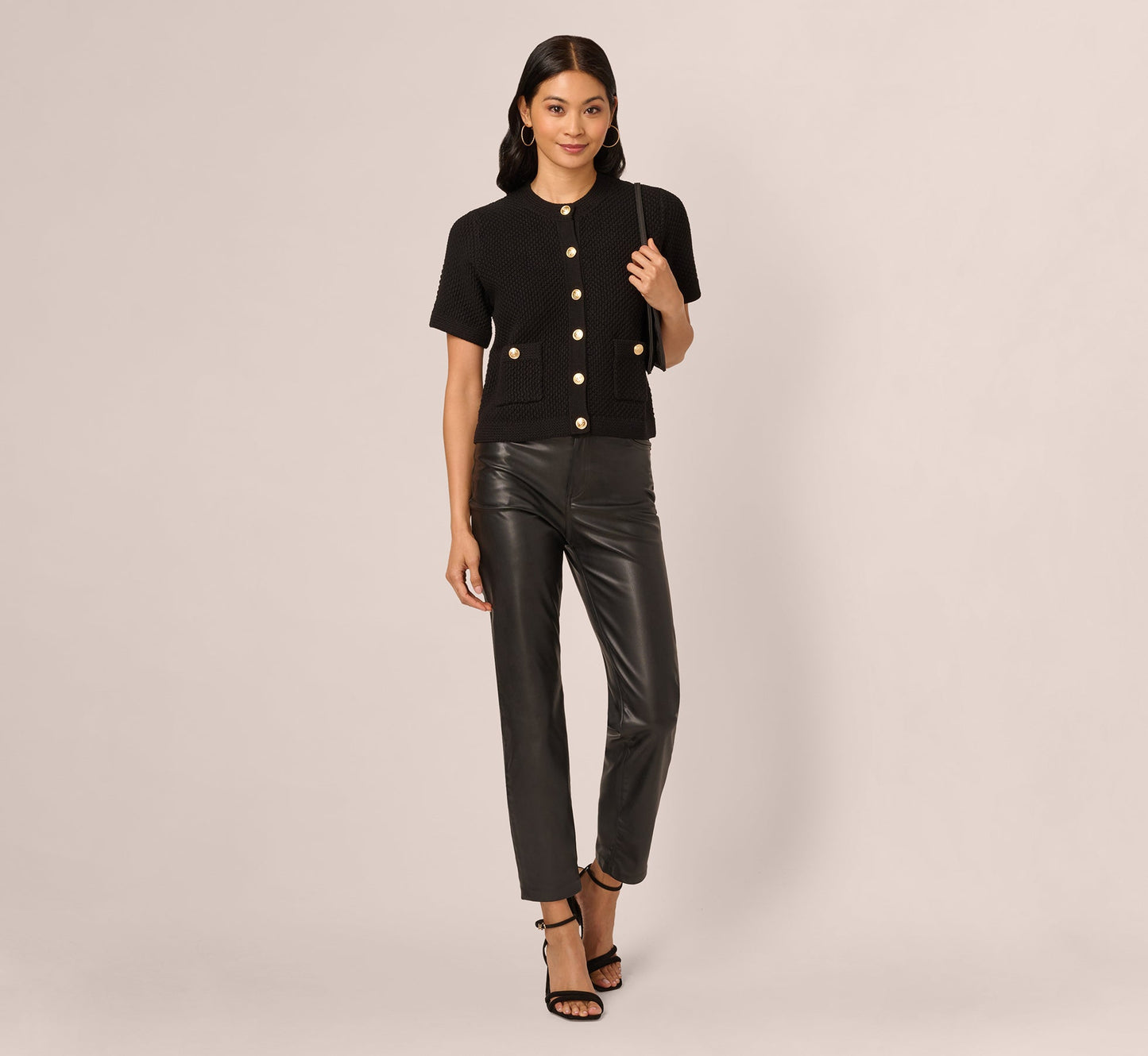 Short Sleeve Textured Cardigan Sweater In Black