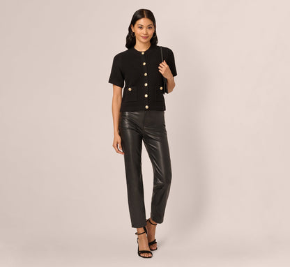 Short Sleeve Textured Cardigan Sweater In Black