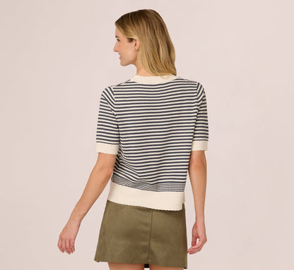 Short Sleeve Scalloped Stripe Pullover Sweater In Ivory Slate Blue