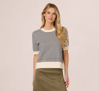 Short Sleeve Scalloped Stripe Pullover Sweater In Ivory Slate Blue