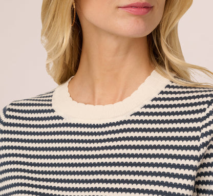 Short Sleeve Scalloped Stripe Pullover Sweater In Ivory Slate Blue