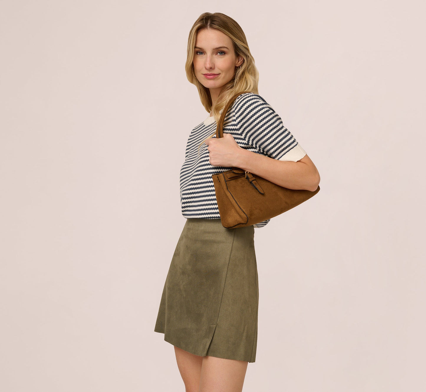 Short Sleeve Scalloped Stripe Pullover Sweater In Ivory Slate Blue